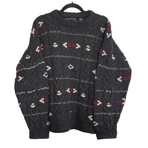 Embassy Row Mens L Hand Knit Shetland Wool Sweater Charcoal Grey Cable Geometric
